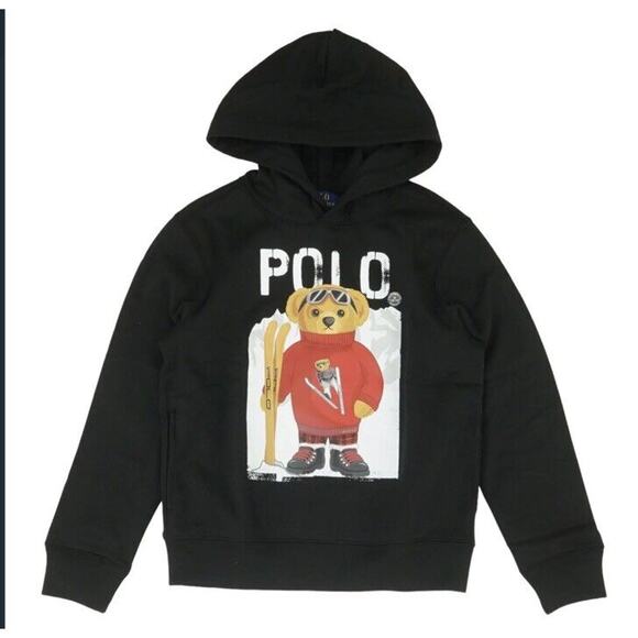NWT Ralph Lauren Ski Bear Polo Bear Fleece Hoodie Polo Black Size Medium Boys